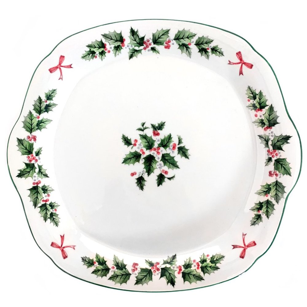 NIKKO Festive Holly Porcelain Cake Plate Handled Serving Tray Japan Vintage 80s